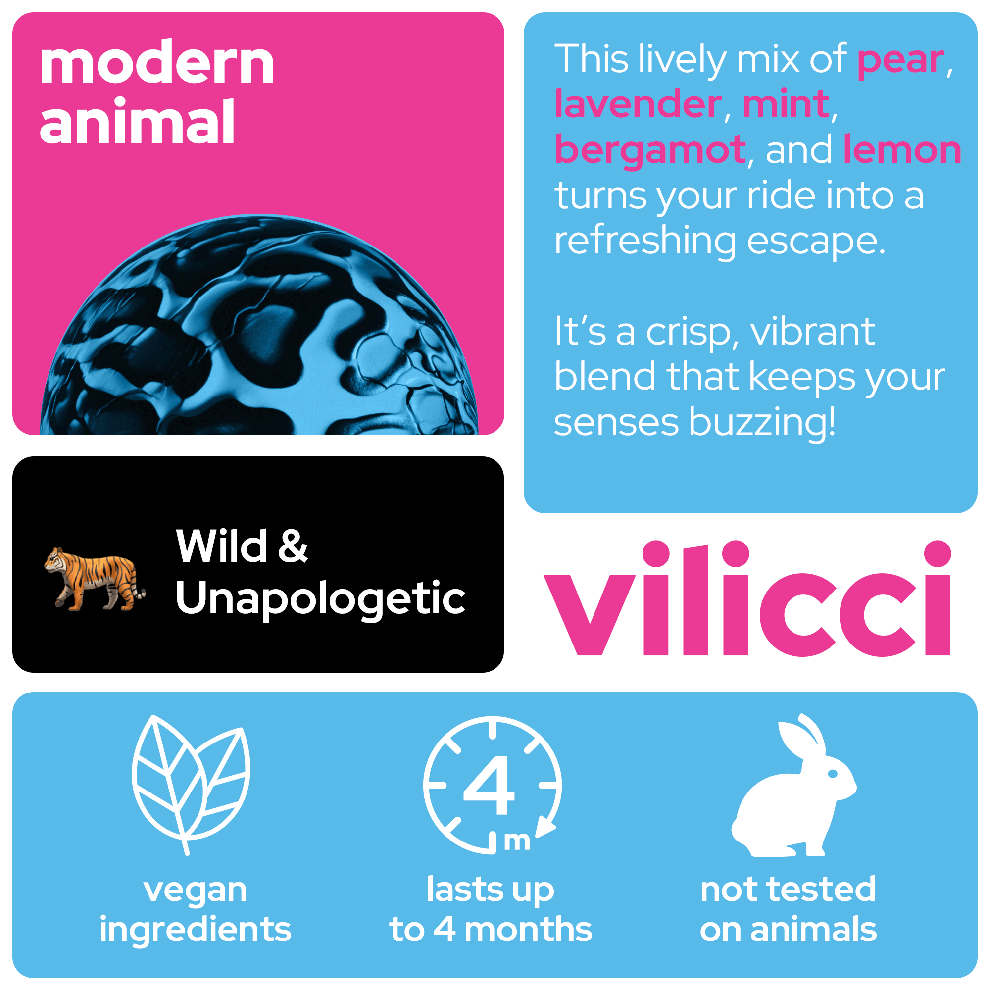 Vilicci Modern Animal car diffuser scent card featuring notes of pear, lavender, mint, bergamot, and lemon with bold Wild & Unapologetic theme
